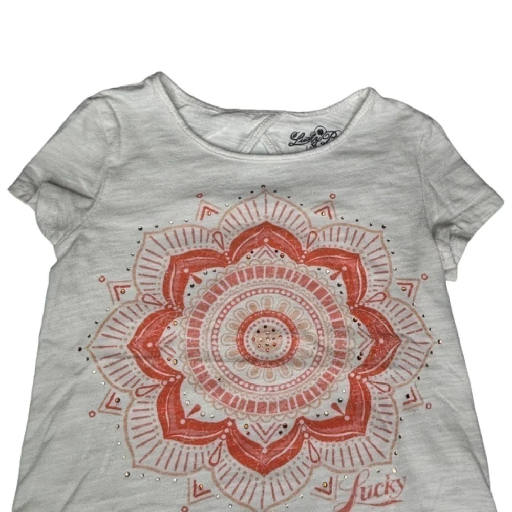 Lucky Brand Girls Top Size S‎ Short Sleeve Mandala Graphic Fringe Hem Tee Shirt